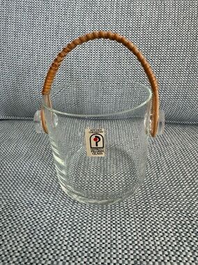 Small Vintage  Hand blown BOHO Ice Bucket With Rattan Handle 5.5”x 5”